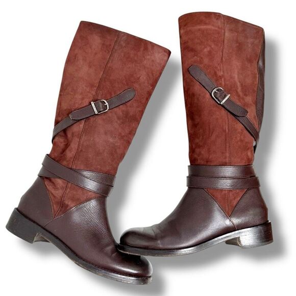 Jimmy Choo DARLA Riding Boots Tall Knee Buckles Flat Brown Leather Suede Size 38 - Picture 7 of 11